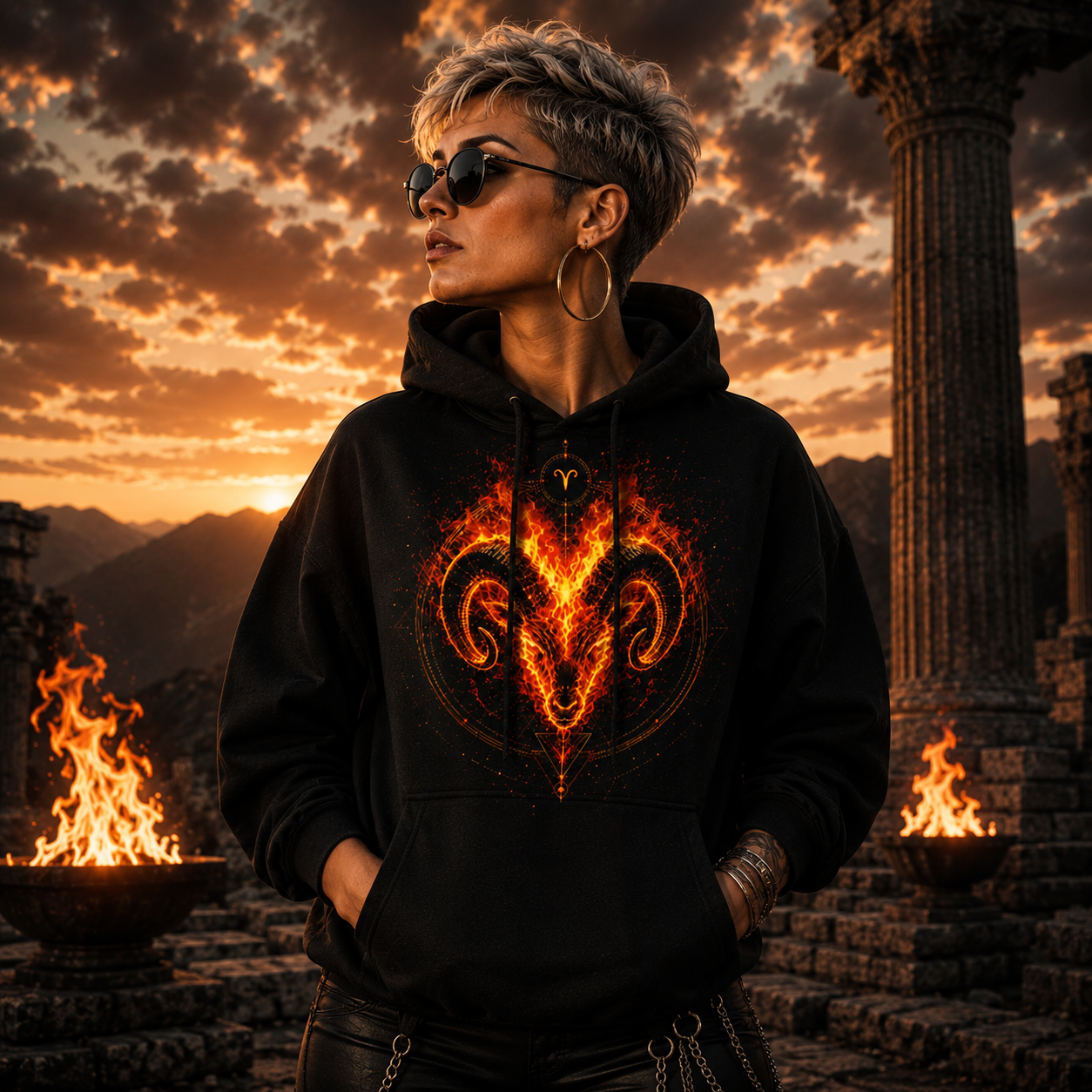 Hoodie premium Aries con diseño de fuego contemporáneo