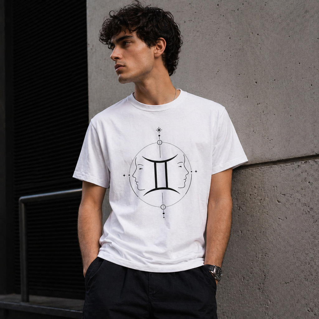 Modelo masculino urbano vistiendo camiseta blanca Géminis minimalista Astrálisis
