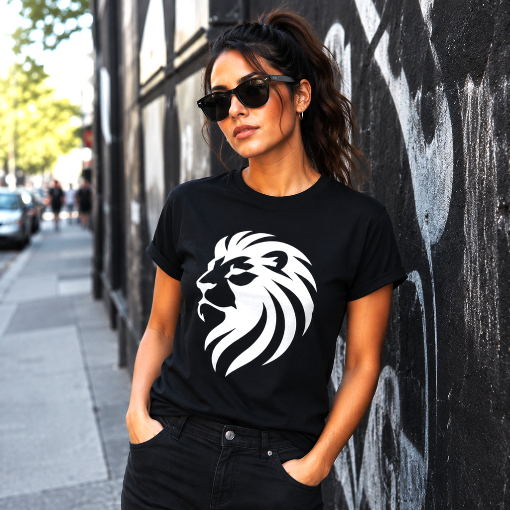 Mujer vistiendo camiseta blanca Leo Tribalista con diseño de león estilizado inspirado en el signo Leo