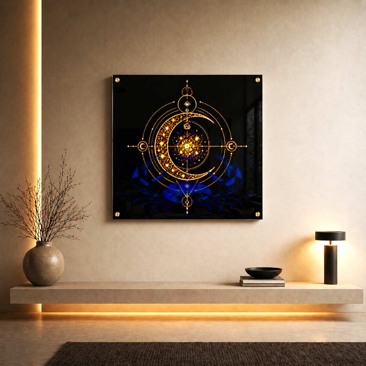 cuadro acrilico cancer azul y oro en salon minimalista moderno