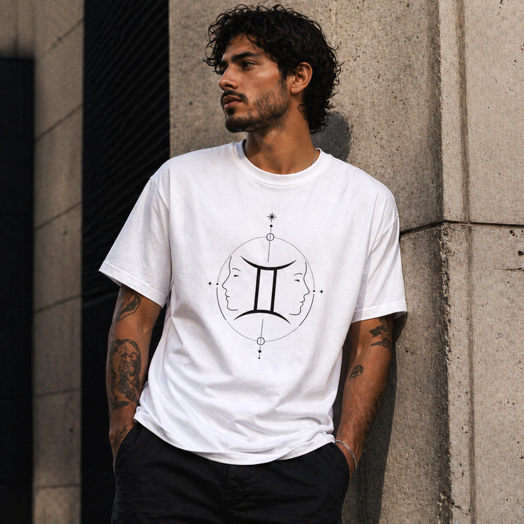 Modelo masculino urbano vistiendo camiseta blanca Géminis minimalista Astrálisis