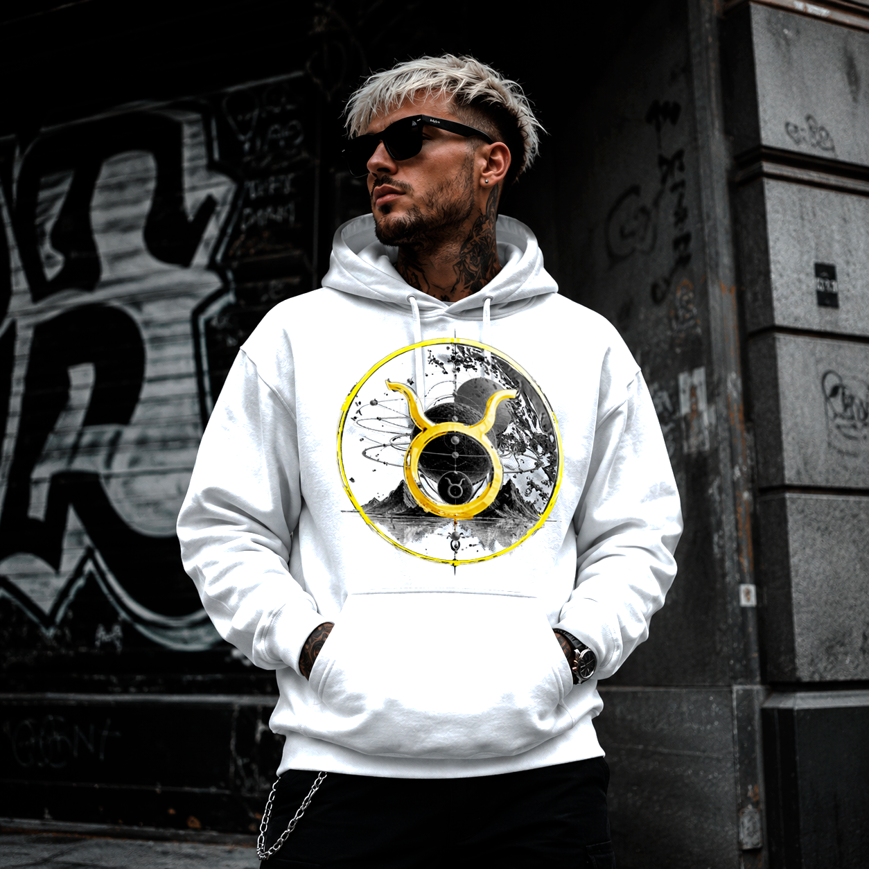 Hombre vistiendo hoodie blanco Conjunción Tauro con diseño zodiacal exclusivo Astrálisis.