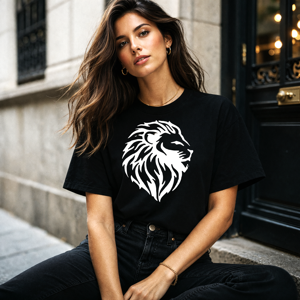 Camiseta Leo negra unisex con ilustración de león fuerte