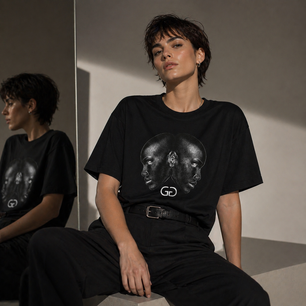 Modelo urbano con camiseta negra Géminis diseño artístico de rostros duales Astrálisis