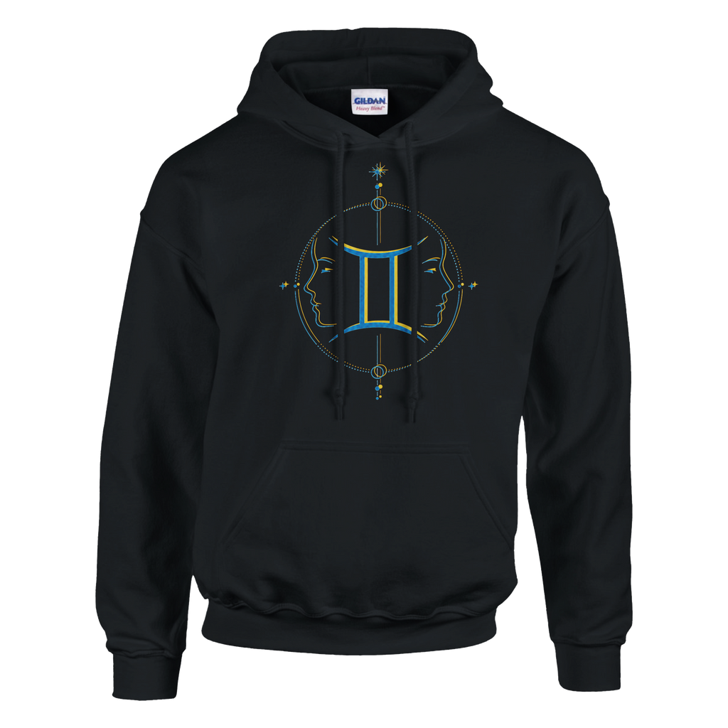 Sudadera negra Géminis con símbolo zodiacal y composición energética inspirada en la dualidad geminiana.