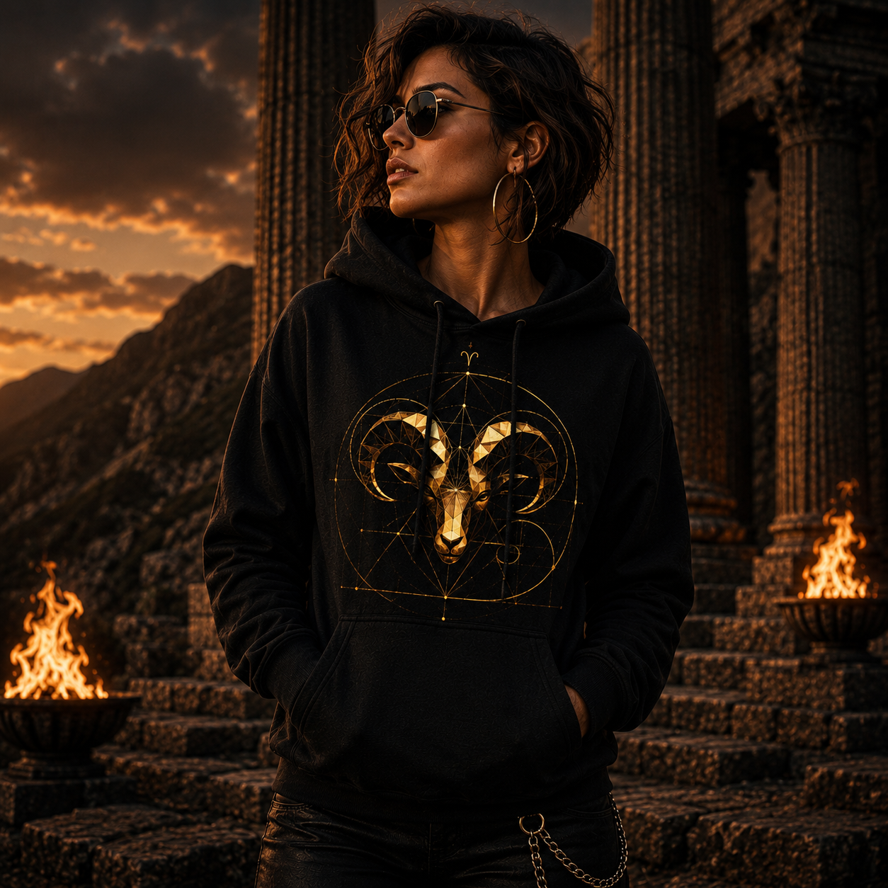 Hoodie premium Aries con diseño geométrico dorado