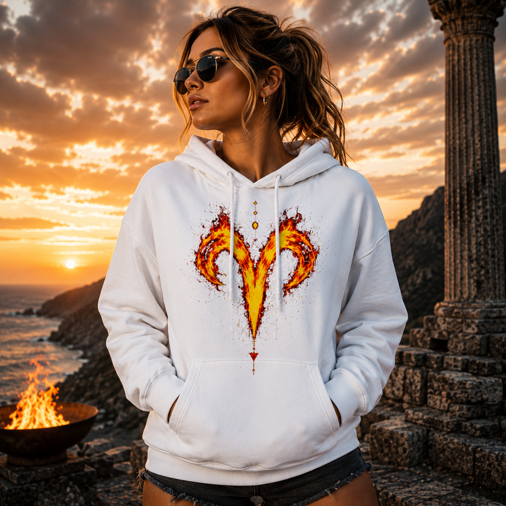 Modelo vistiendo hoodie blanco Fuego Aries al atardecer