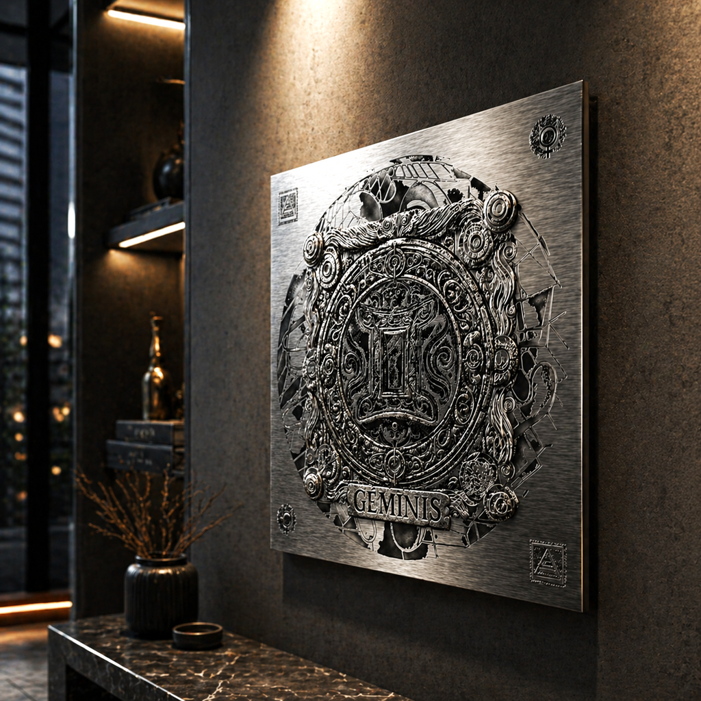 Arte en metal de Géminis en interior moderno con iluminación cálida y estilo industrial