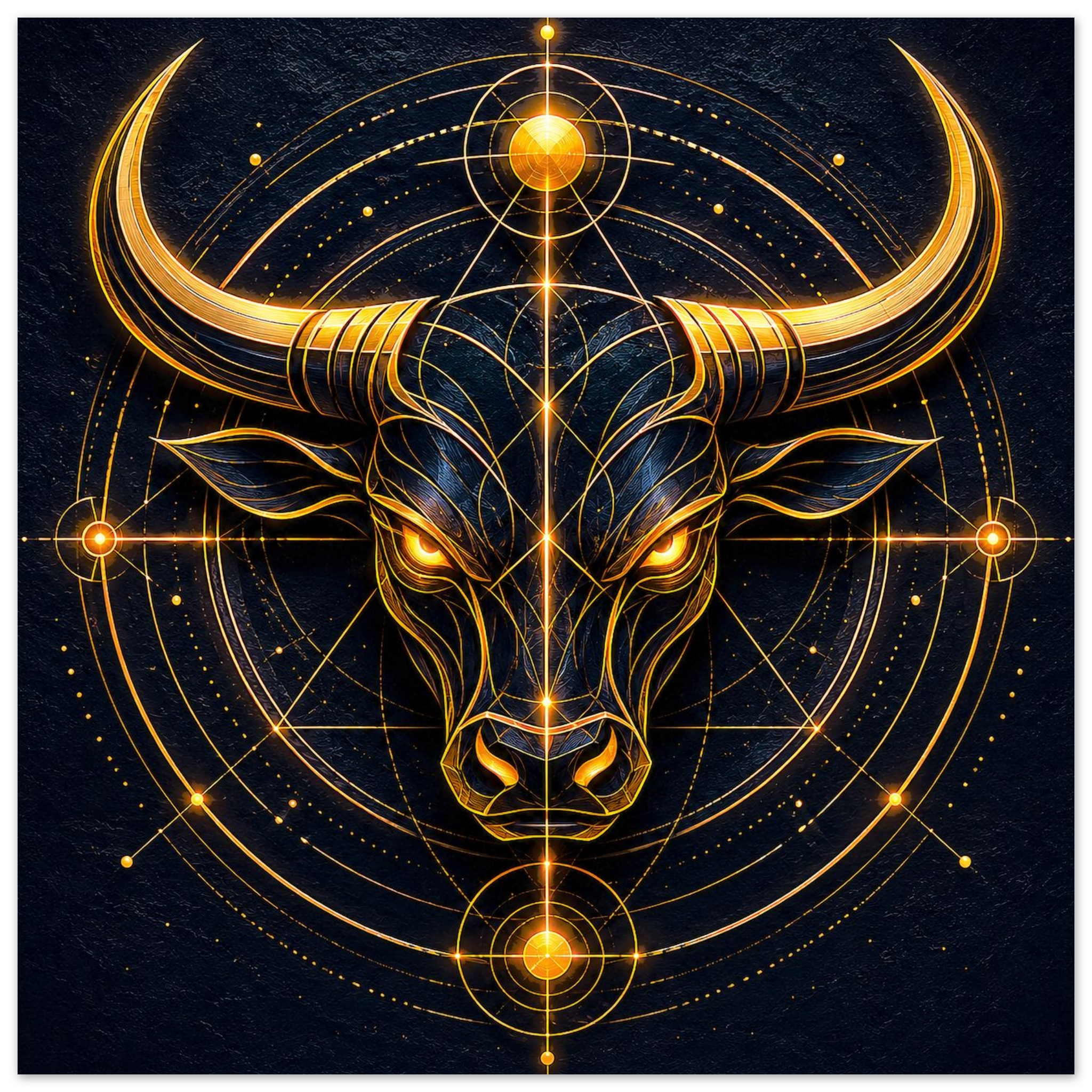 Detalle del diseño Toro Dorado con geometría astrológica y símbolos inspirados en Tauro.