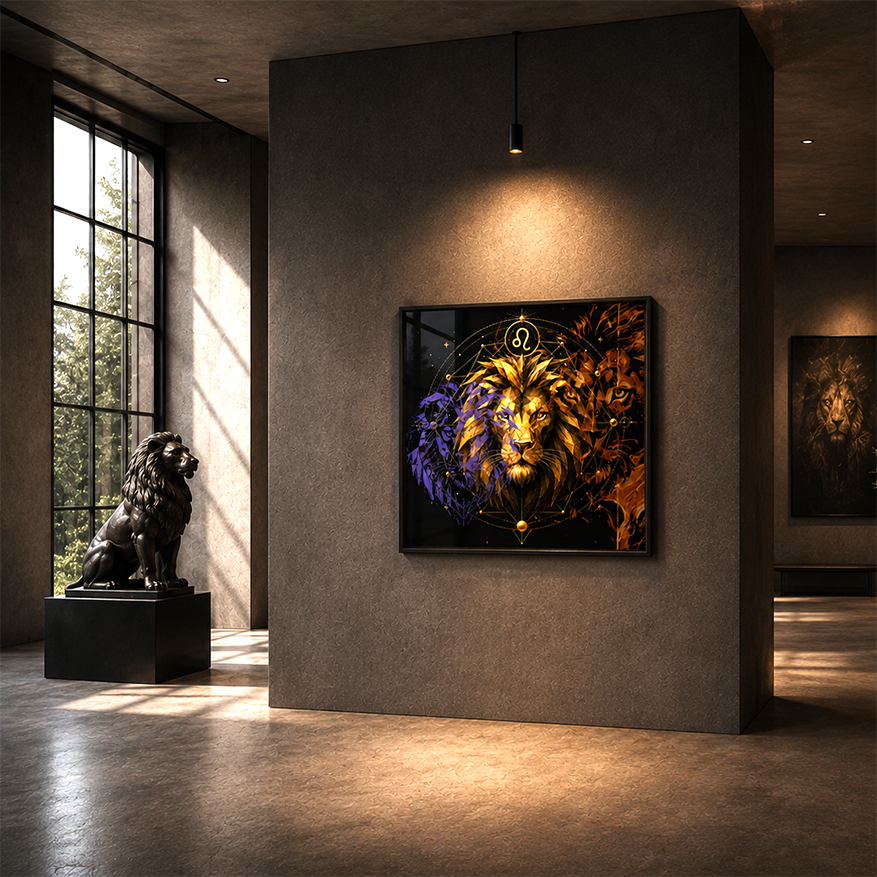 Arte mural Leo en Tres Dimensiones instalado en espacio expositivo moderno con composición leonina multicapas