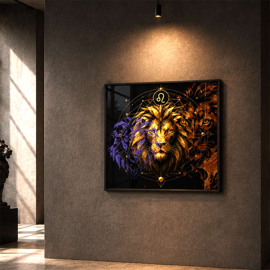 Poster Fine Art Leo en Tres Dimensiones con león dorado central rodeado de formas geométricas y energía zodiacal